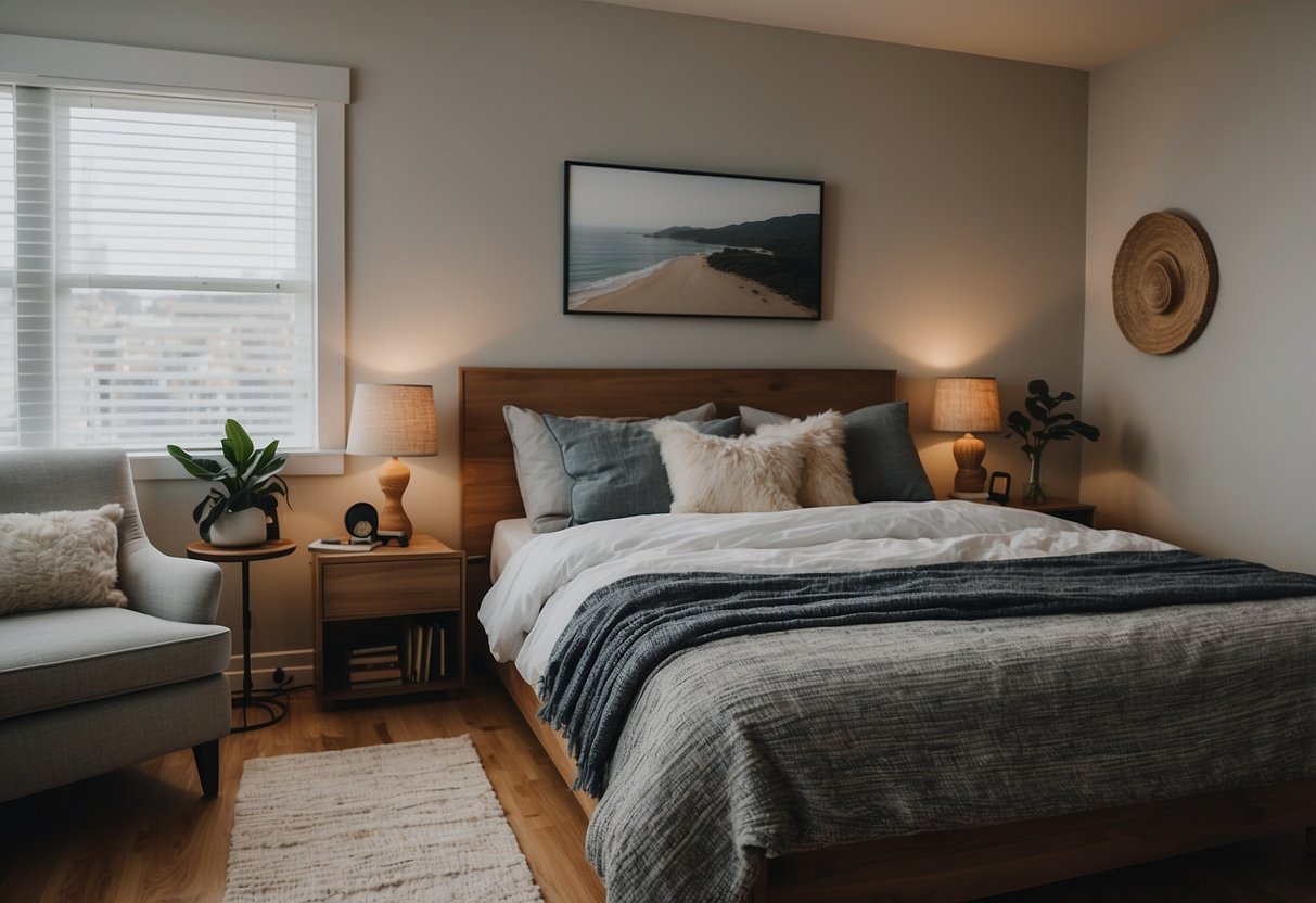 A bedroom with a bed centered on one wall, nightstands on either side, a dresser opposite the bed, and a cozy reading nook in the corner