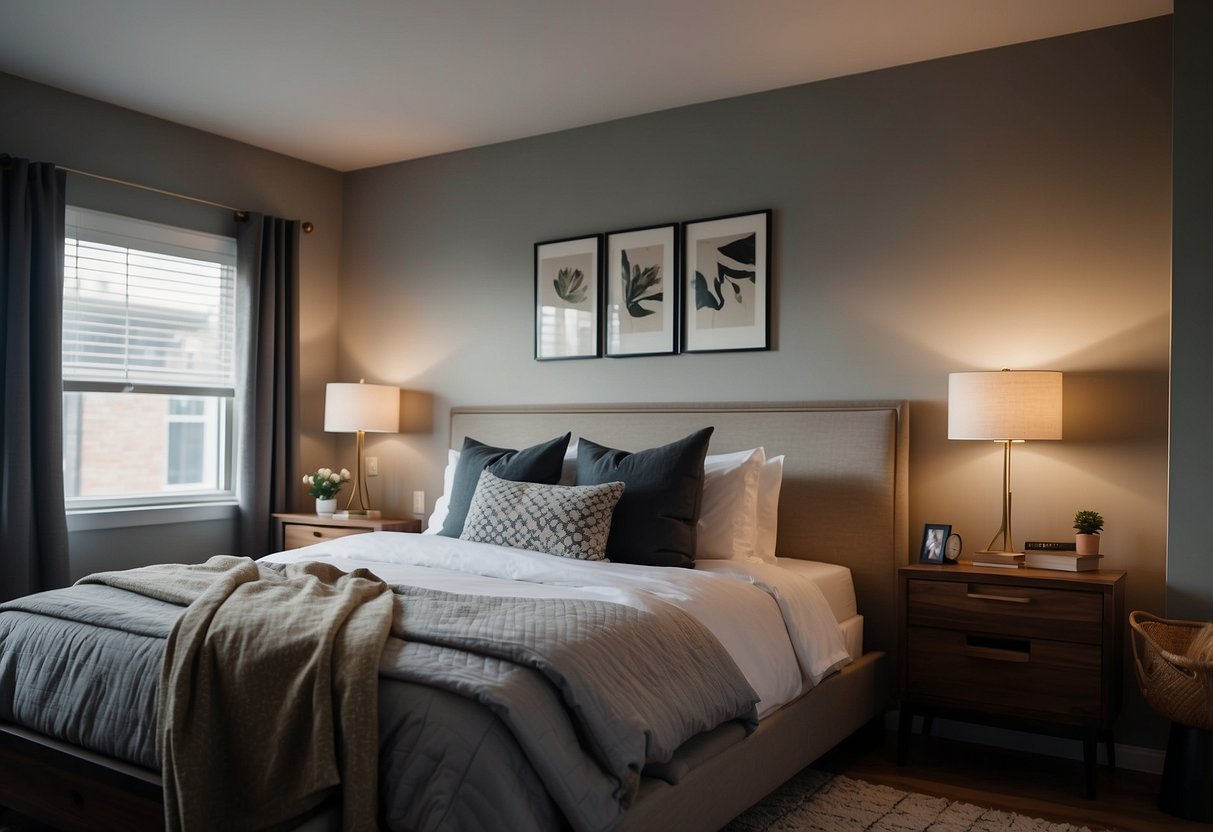 A bed centered against the back wall, nightstands on either side, a dresser opposite the bed, and a cozy reading nook in the corner