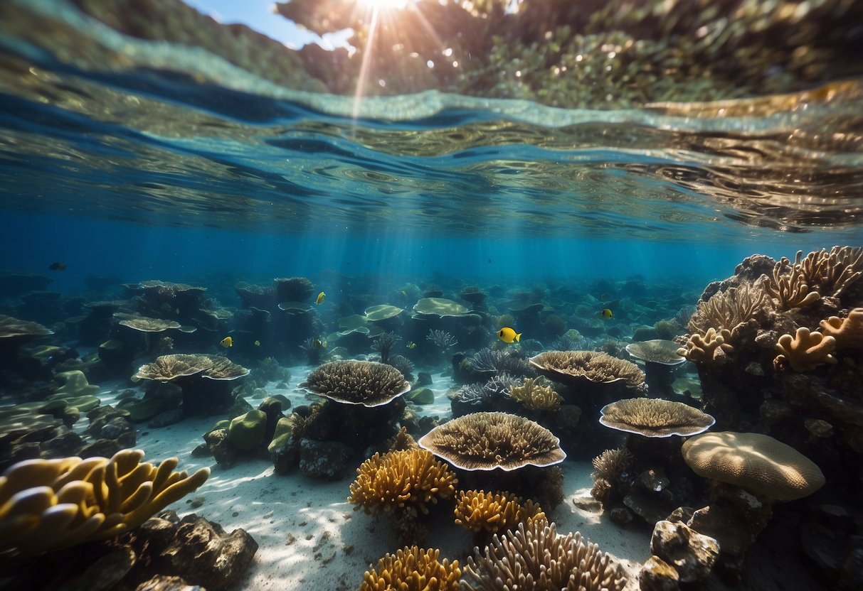 Crystal clear waters reveal vibrant coral reefs teeming with colorful fish. Sunlight filters down, illuminating the underwater landscape of Bay Islands, Honduras