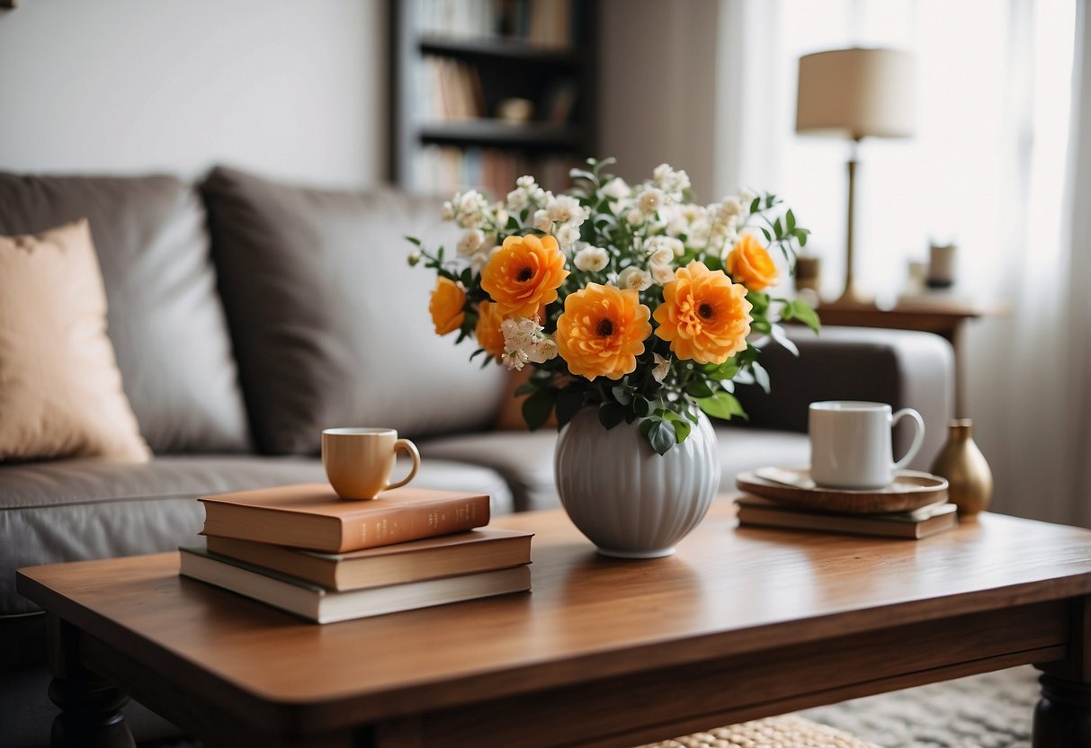 A cozy living room with a plush sofa, a coffee table with a vase of flowers, and a bookshelf filled with books and decorative items