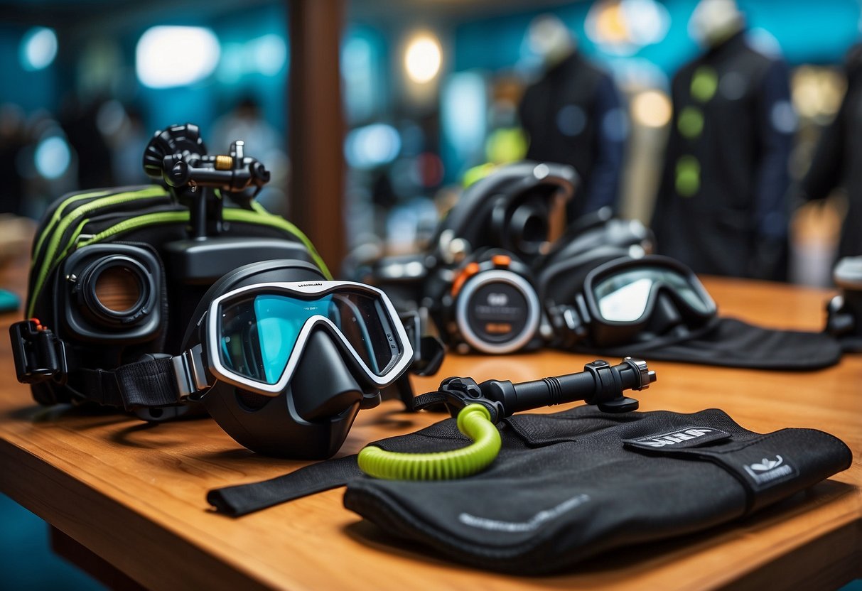 A table displaying scuba diving gear with a mask, fins, snorkel, tank, and regulator. Posters of top diving destinations hang on the wall