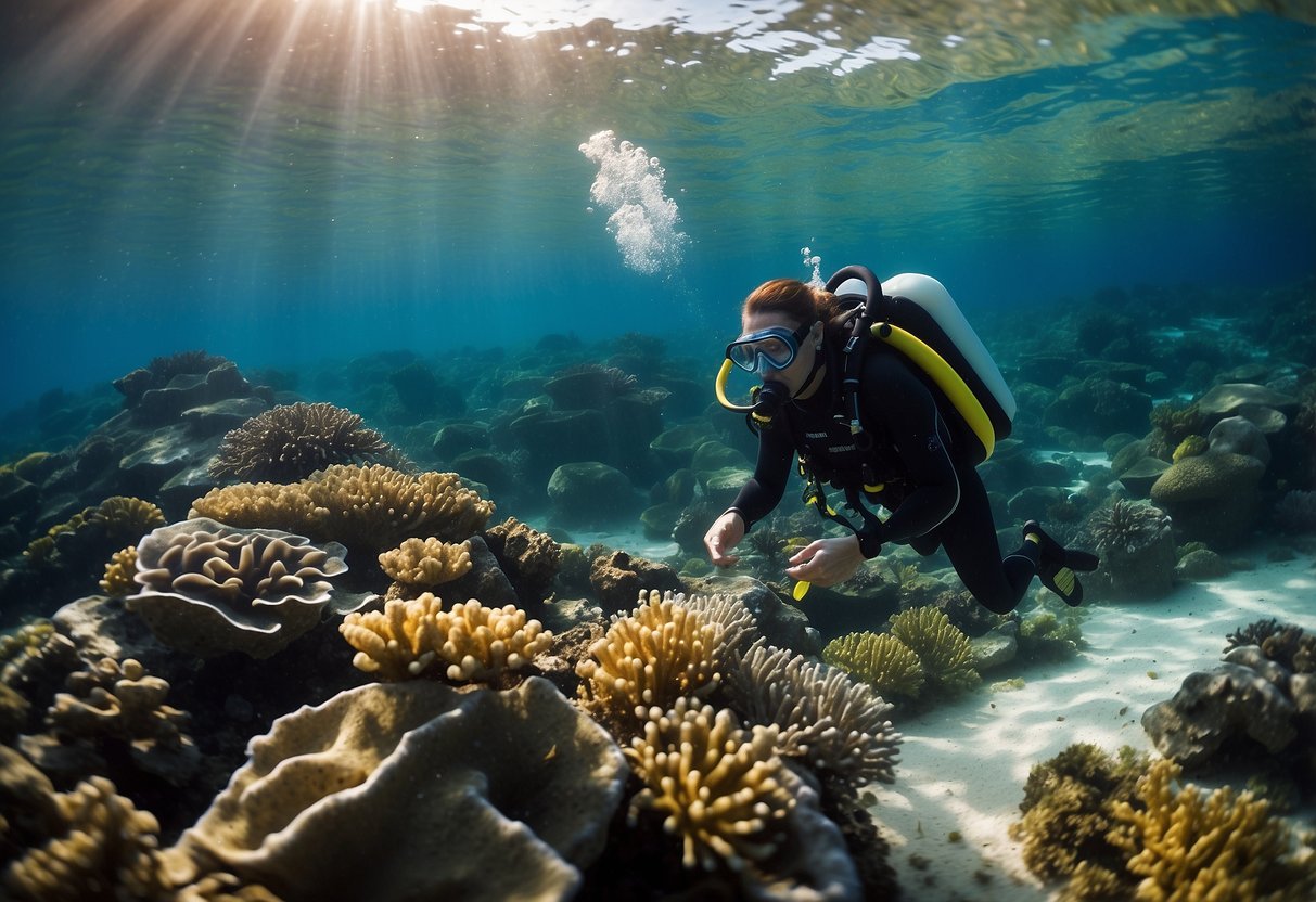 Crystal clear water, colorful coral reefs, and diverse marine life. A novice scuba diver following safety tips in one of the top beginner-friendly scuba diving destinations