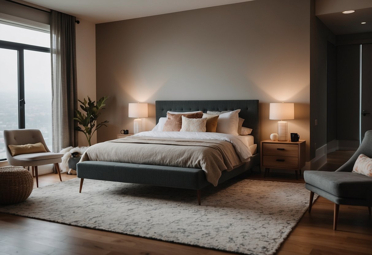 A bedroom with a bed centered against the back wall, nightstands on either side, and a dresser opposite the foot of the bed. A chair in the corner and a rug on the floor