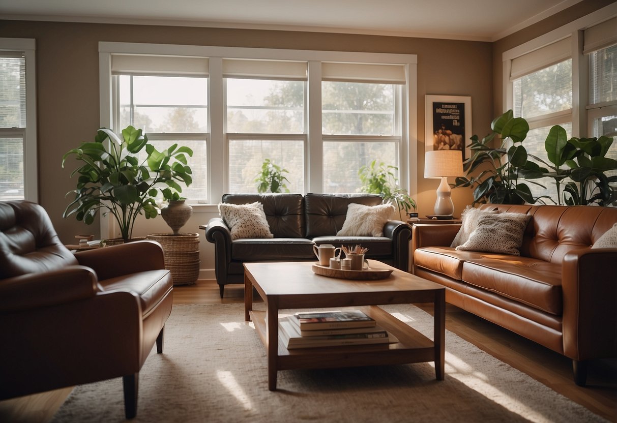 A cozy living room with a mix of modern and vintage furniture pieces, including a sleek leather sofa, a mid-century coffee table, and a retro armchair