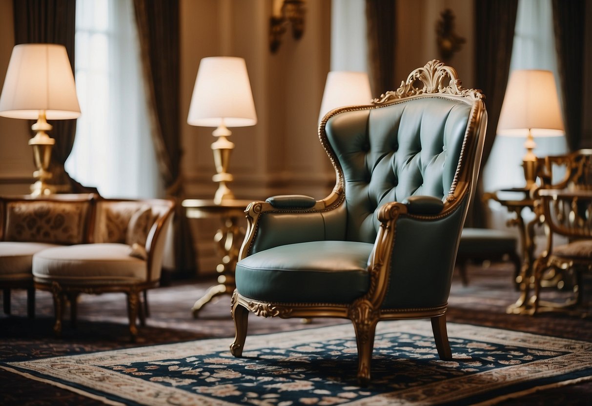 A grand, ornate chair sits atop a luxurious rug, surrounded by elegant tables and decorative lamps