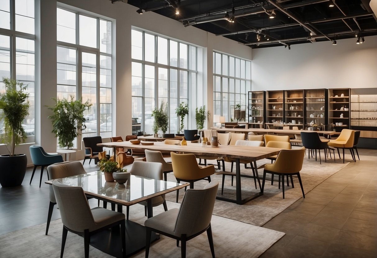 A spacious showroom with various dining furniture sets displayed in well-lit areas. Different styles, materials, and colors are showcased, with price tags and details labeled on each piece