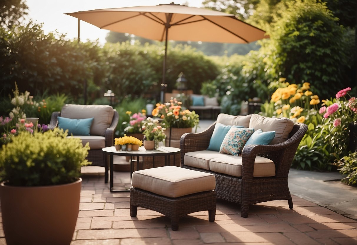 A sunny outdoor space with a cozy patio set, surrounded by lush greenery and colorful flowers. A variety of affordable outdoor furniture options on display