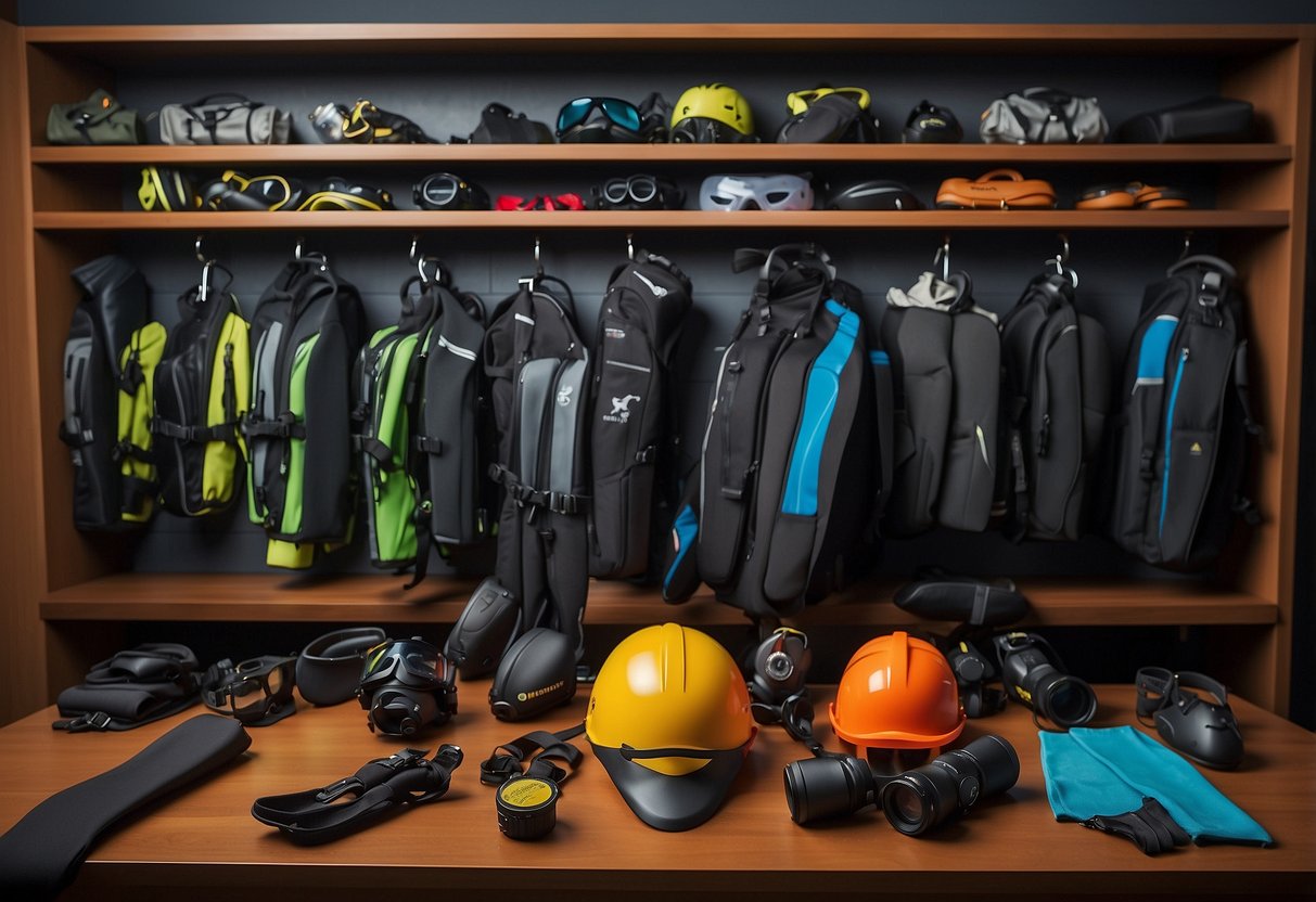 A table with diving gear: tanks, masks, fins, and wetsuits. A checklist with "7 Tips for Planning a Multi-Day Diving Trip" on the wall