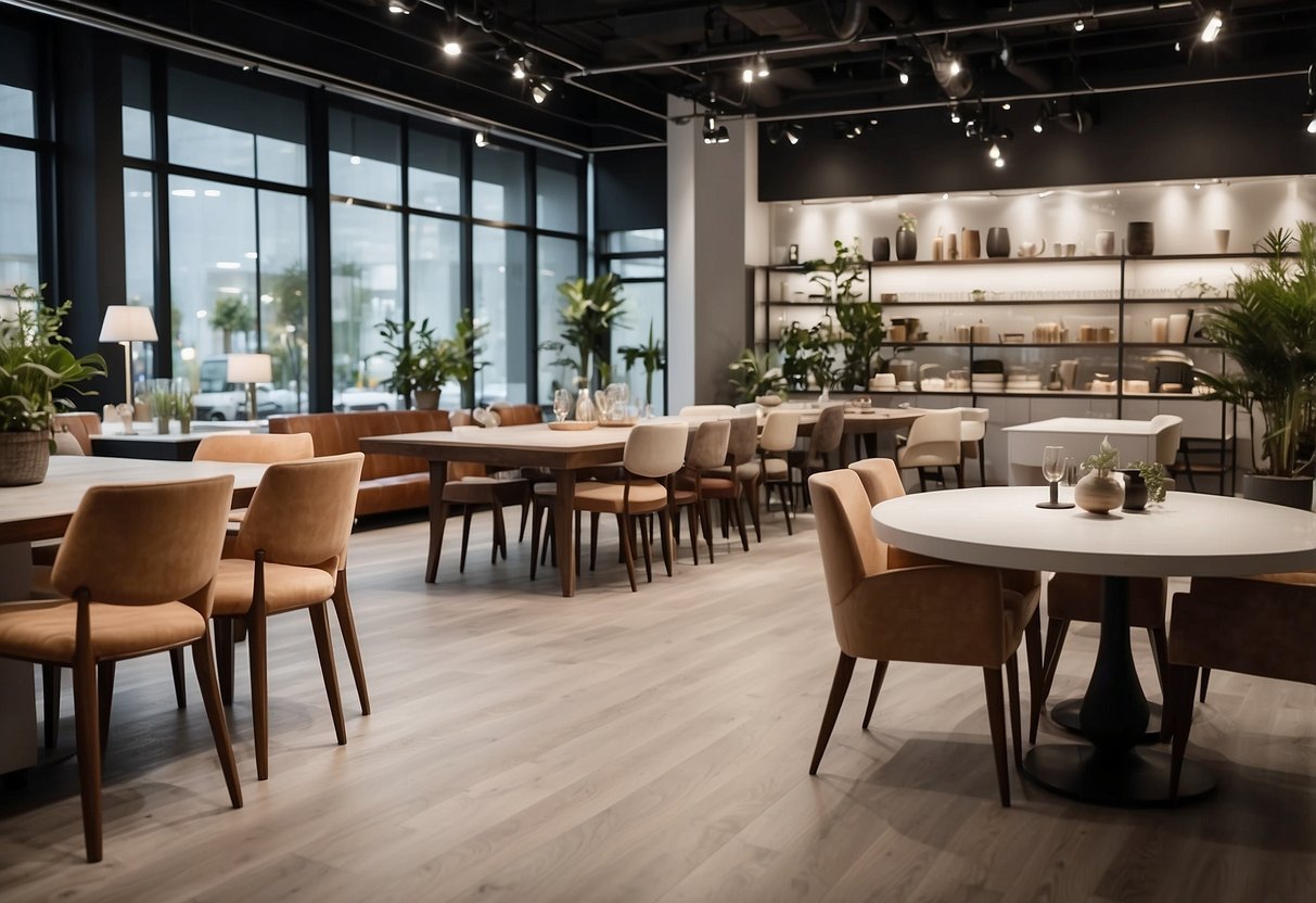 A spacious showroom with various dining furniture sets on display, including tables, chairs, and sideboards. Bright lighting and clean, modern decor create an inviting atmosphere for customers