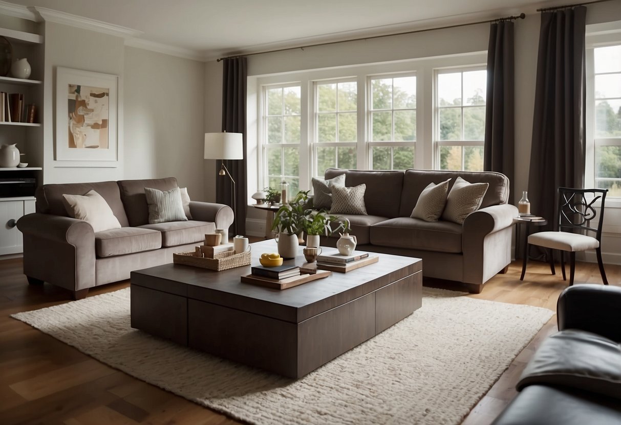 A living room with a cozy sofa, coffee table, and armchair. A dining room with a large table, chairs, and a sideboard. A bedroom with a comfortable bed, nightstands, and a dresser