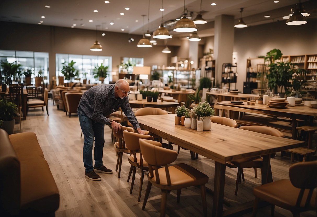 A customer browses through various dining furniture options at a local store, carefully examining tables, chairs, and other pieces to find the perfect set for their home