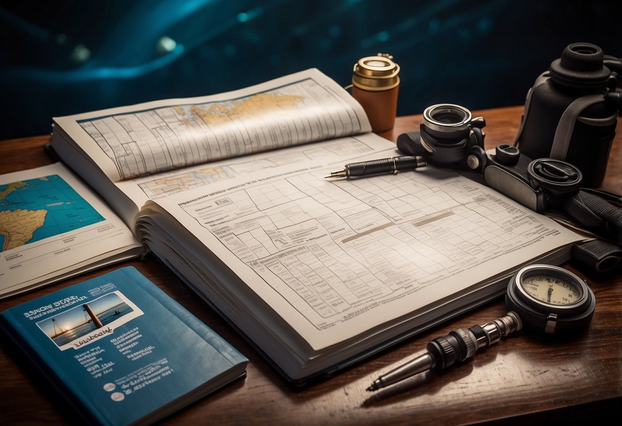 A diver's logbook open on a table with a pen, map, and diving equipment scattered around. The table is surrounded by dive charts, travel guides, and a laptop displaying a diving schedule