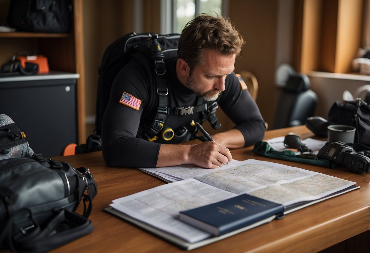 A diver checks local regulations before packing gear for a multi-day trip. Maps, diving equipment, and a checklist are laid out on a table