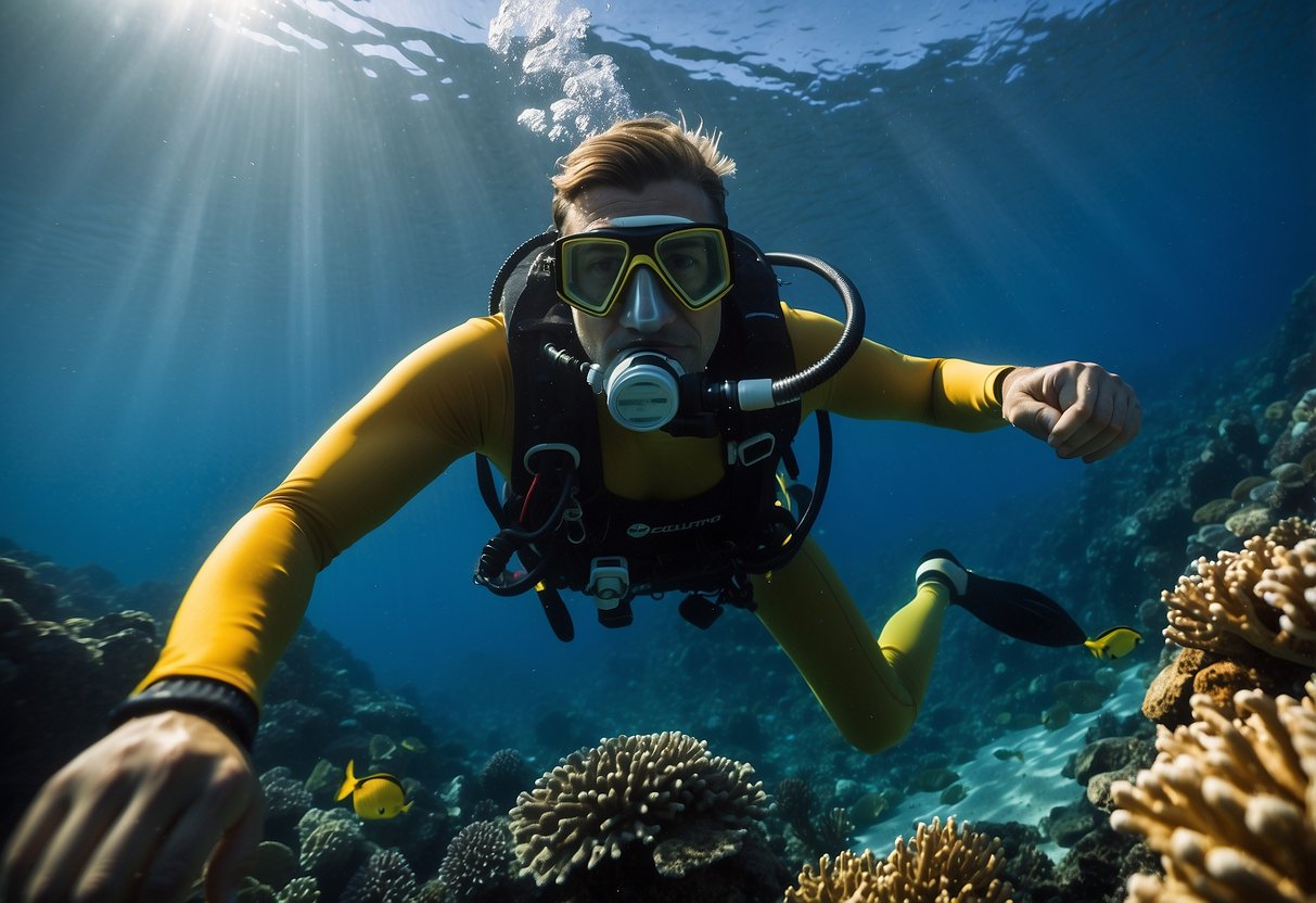 A diver descends into clear blue waters, equipped with an underwater camera. Colorful coral and marine life surround them as they explore the depths