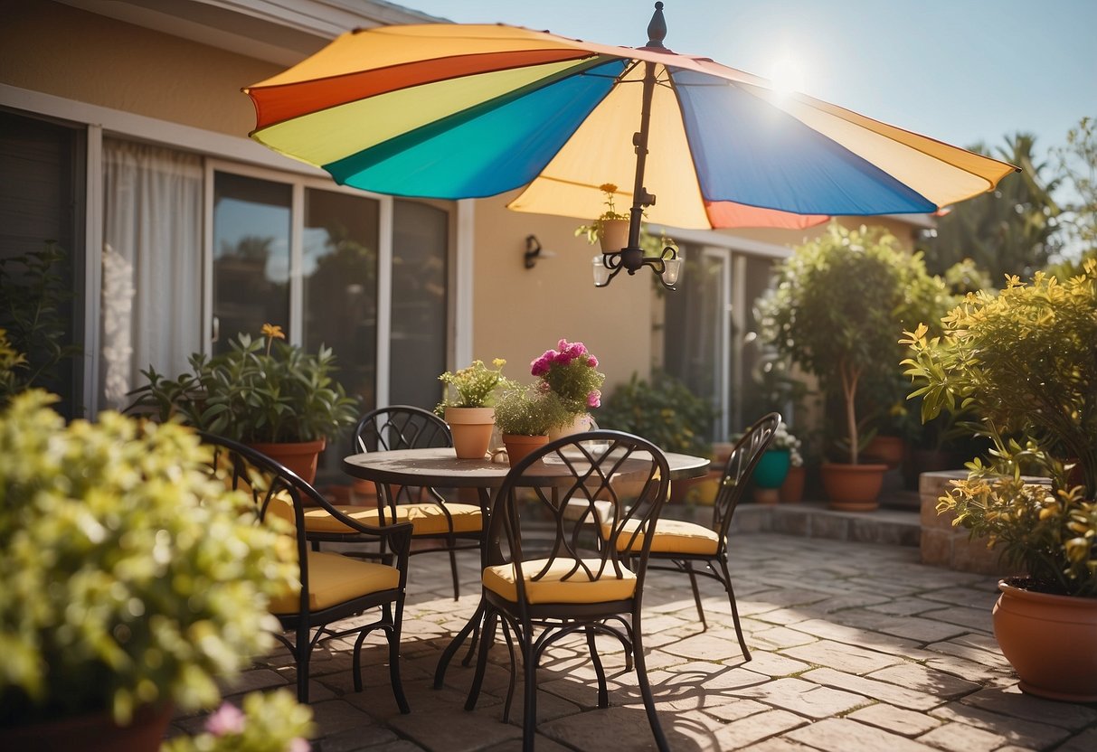 A backyard patio with a table and chairs, surrounded by potted plants and a colorful umbrella, under a bright sunny sky
