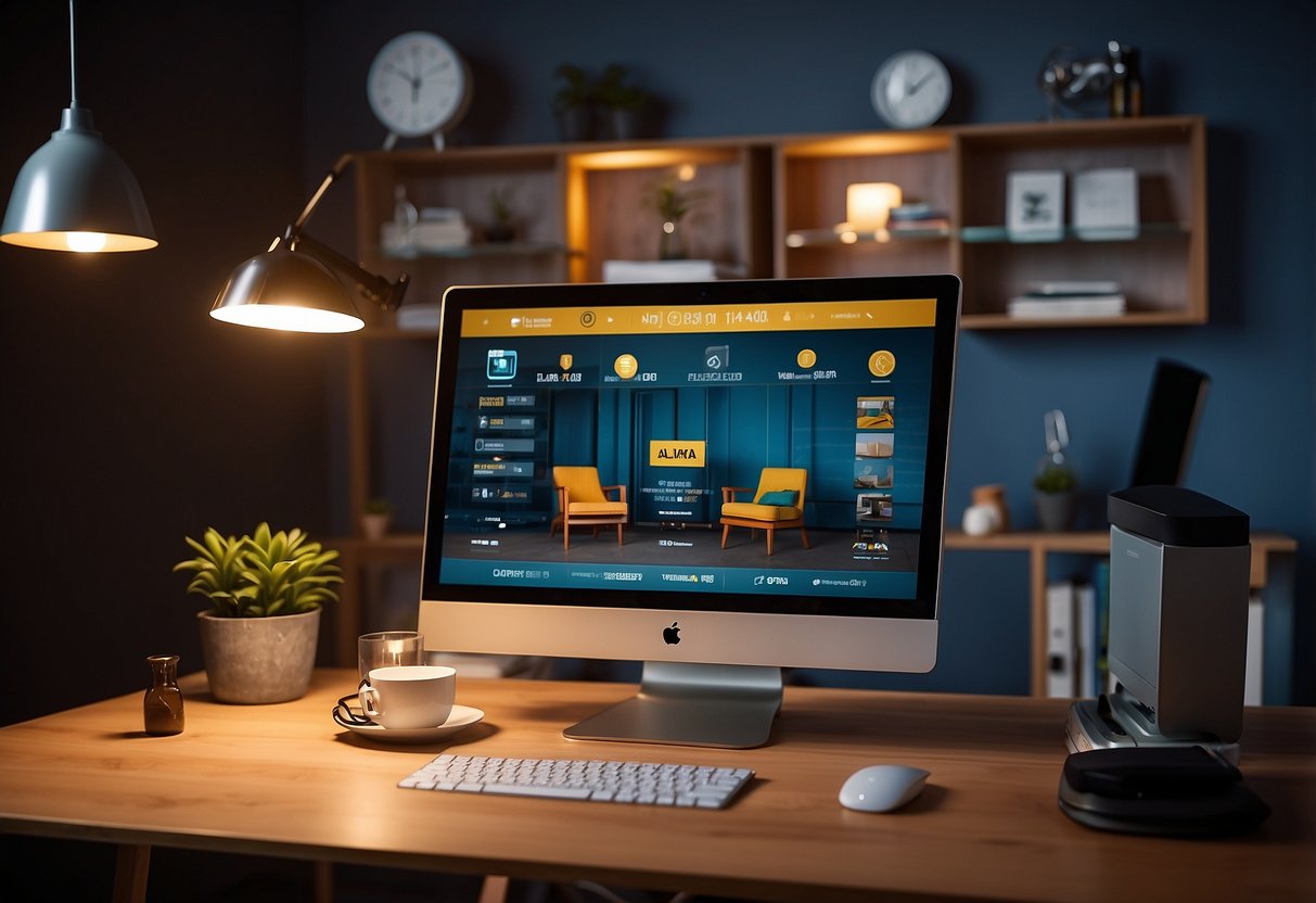 Various furniture items are displayed on a computer screen. A cursor hovers over a chair, indicating a selection. Icons for payment and delivery options are visible