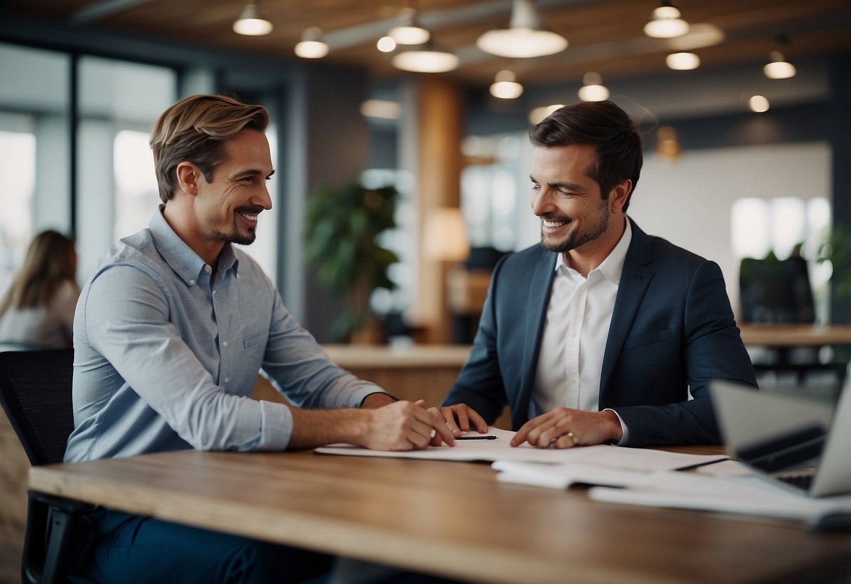 A customer service representative assists a client with selecting furniture, offering support and guidance