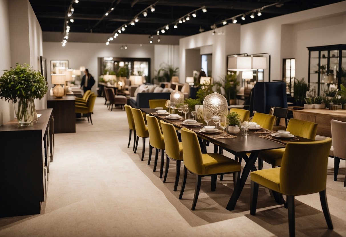 A bustling furniture showroom with rows of elegant dining sets, customers browsing and staff assisting. Bright lighting and stylish displays create an inviting atmosphere