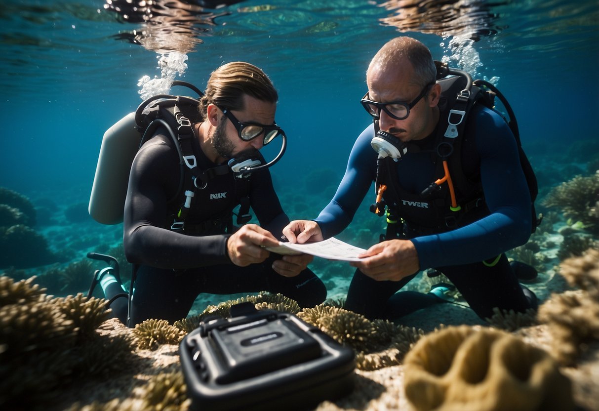 A group of divers carefully packs their gear, checks their equipment, and consults a map before setting off on a multi-day diving trip. They ensure they have emergency supplies and communication devices