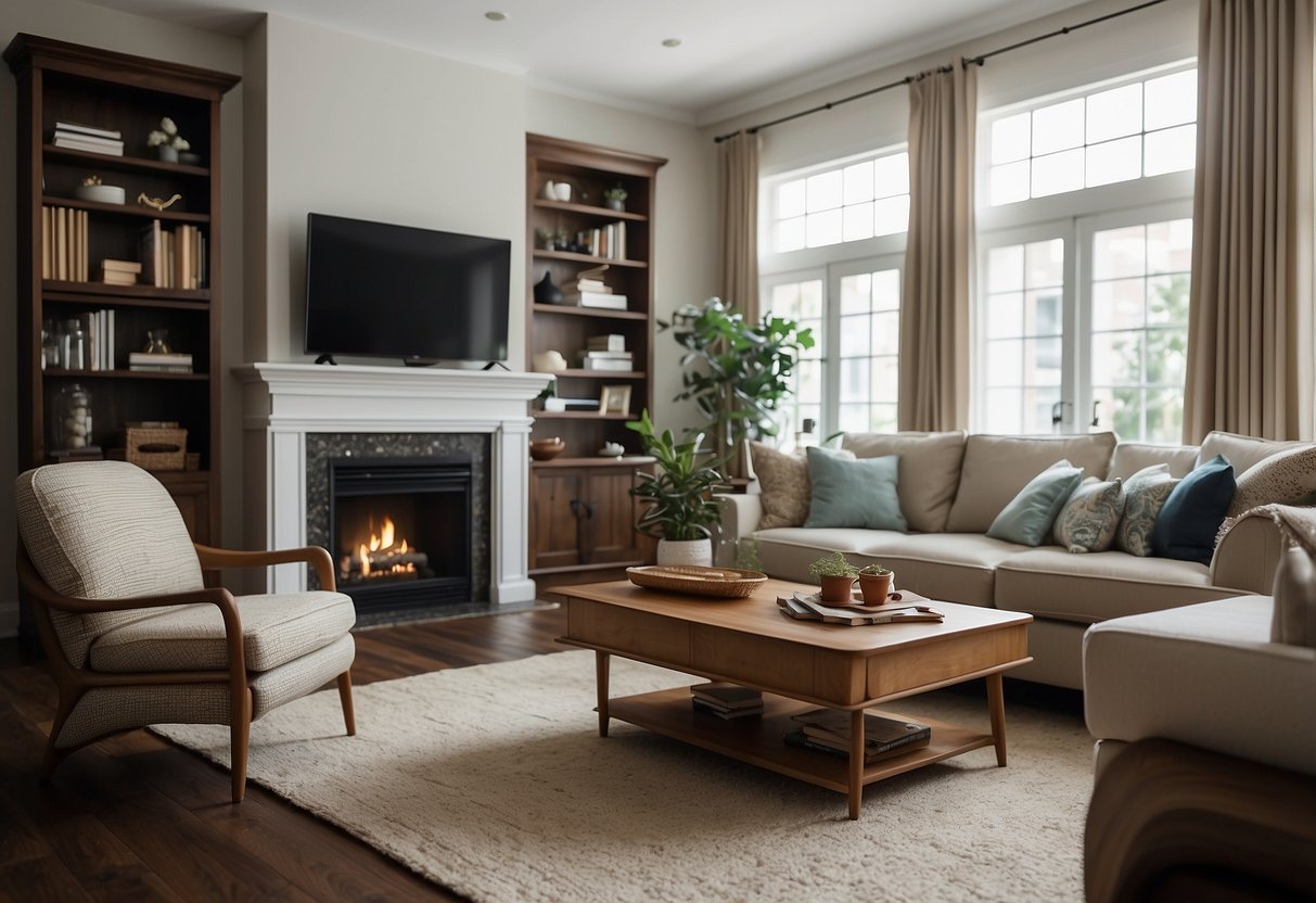 A living room with various furniture pieces arranged neatly, including a sofa, coffee table, bookshelf, and armchair