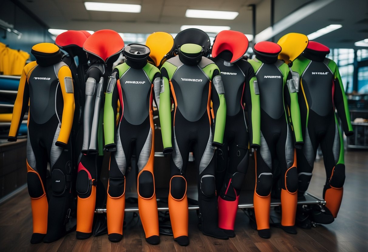 A table displaying 5 wetsuits for scuba diving, each with different colors and designs, surrounded by diving gear and accessories