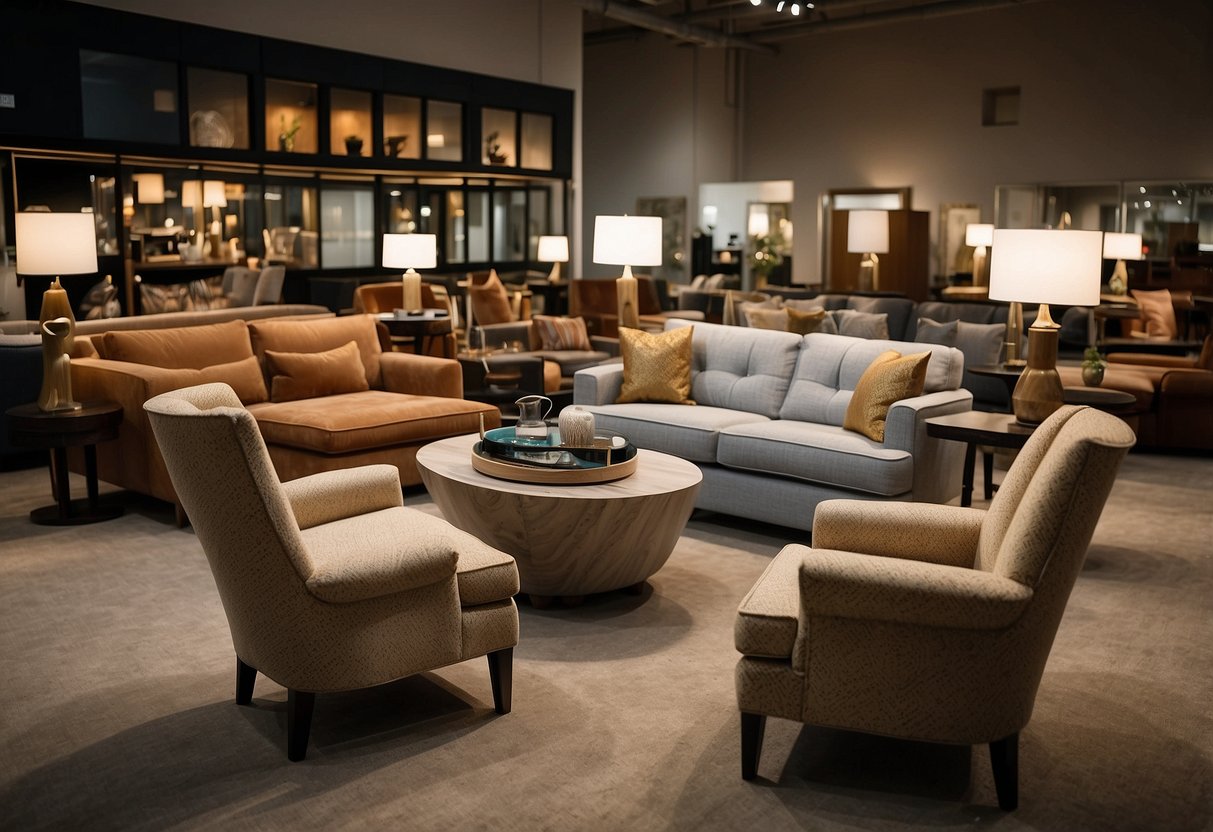 A diverse selection of gently used furniture, from cozy armchairs to sleek dining tables, displayed in an online marketplace. Quality and sustainability are emphasized through detailed product descriptions and eco-friendly packaging