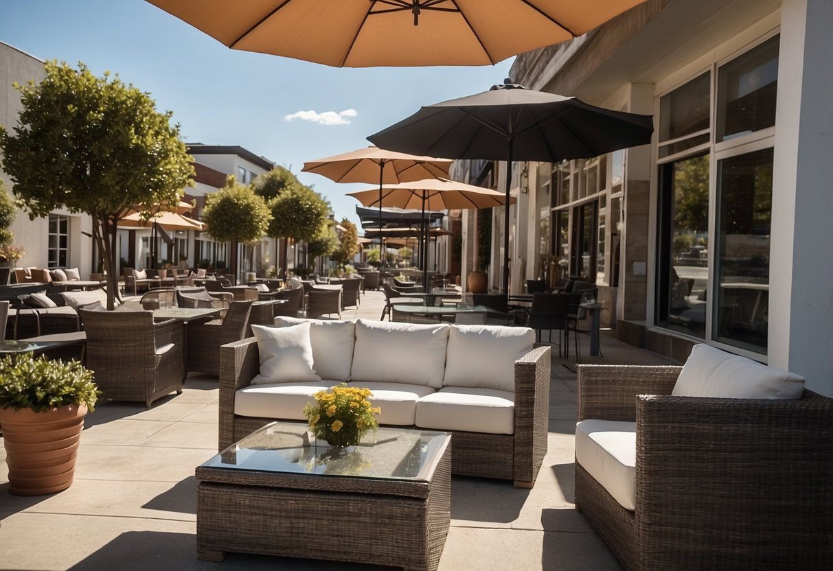 A sunny outdoor setting with a variety of affordable furniture options, including tables, chairs, and loungers. The scene is bustling with customers browsing and asking questions