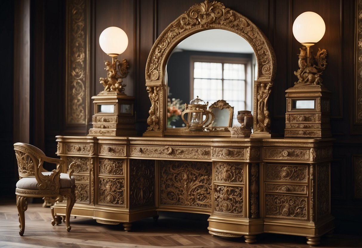 A grand bureau with ornate carvings, a large mirror, and intricate details, showcasing the evolution of bureau furniture through history