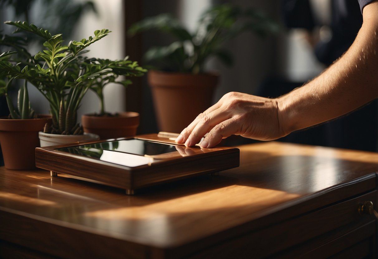 A person polishing a wooden bureau with a mirror attached, using a soft cloth and furniture polish. A potted plant sits on top