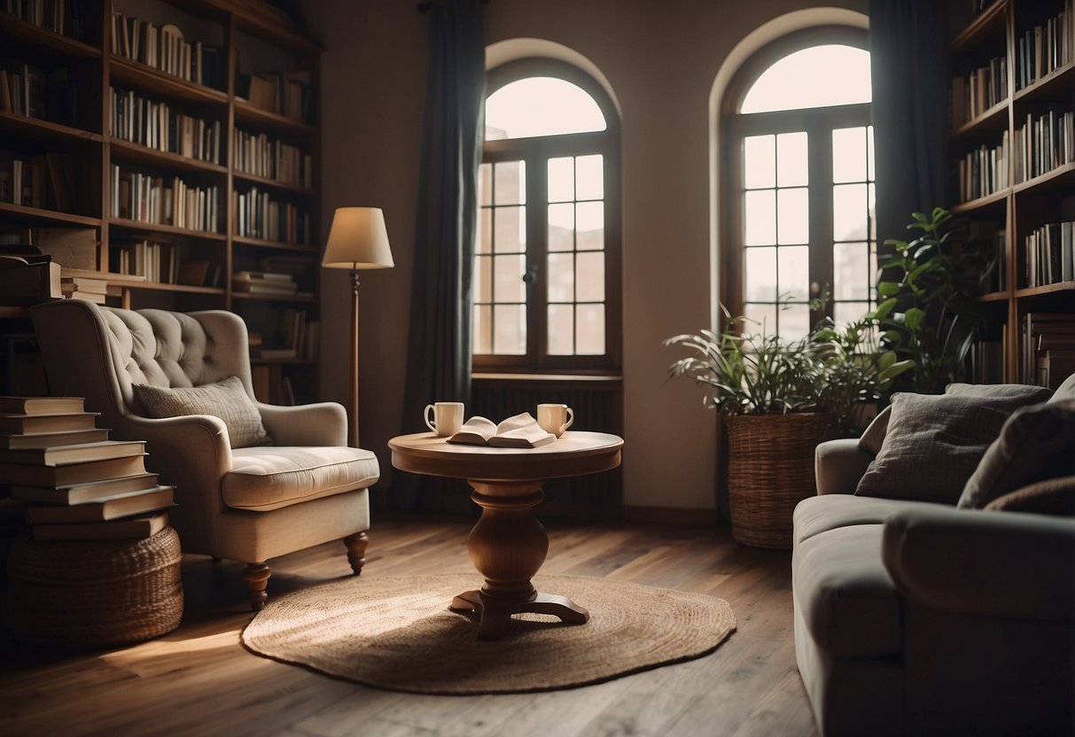 A cozy room with a comfortable armchair and a table with a stack of books, suggesting a quiet space for reading and relaxation