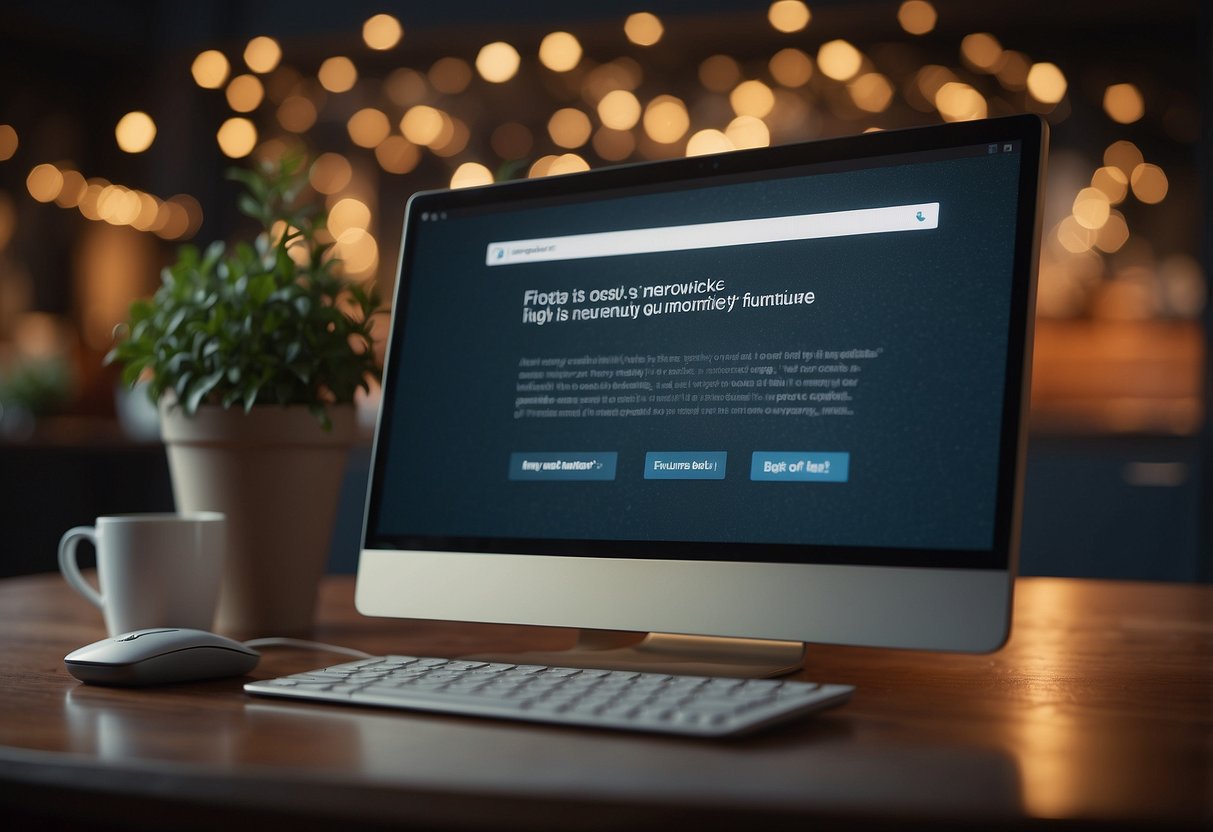 A computer screen displaying a website with a list of frequently asked questions about buying used furniture online. A person's hand hovering over a mouse, ready to click on a question