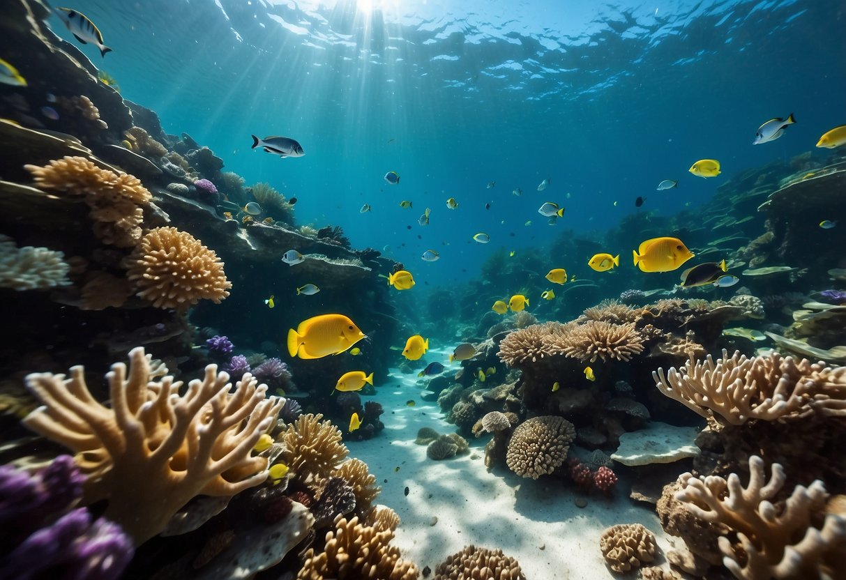 Crystal clear water surrounds a vibrant coral reef, teeming with colorful fish and marine life. Sunlight filters through the water, creating a mesmerizing display of underwater beauty