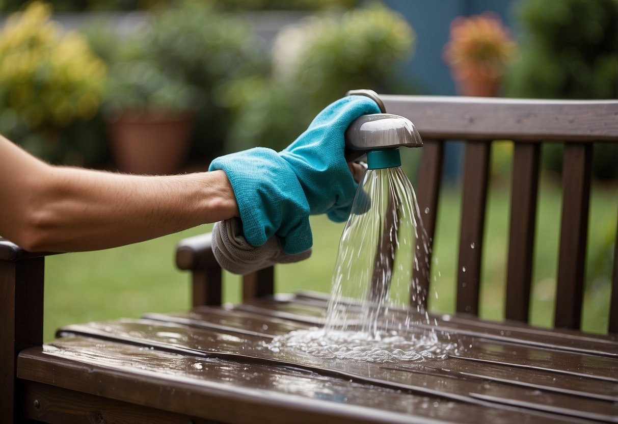 Outdoor furniture being wiped down with a damp cloth, followed by a gentle scrub with soapy water. A hose is then used to rinse off any remaining suds, leaving the furniture clean and ready for use