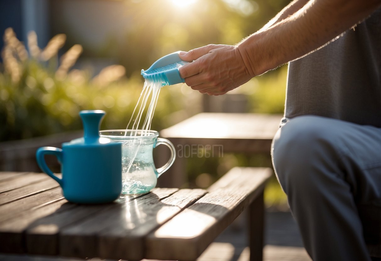A person using a brush and soapy water to clean outdoor furniture. A hose nearby for rinsing. Sun shining, birds chirping