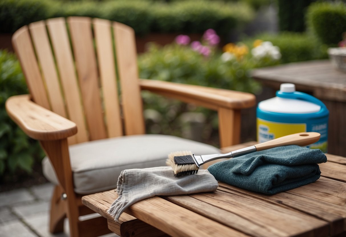 Outdoor furniture being wiped clean with a cloth, while a brush removes dirt from different materials like wood, metal, and fabric