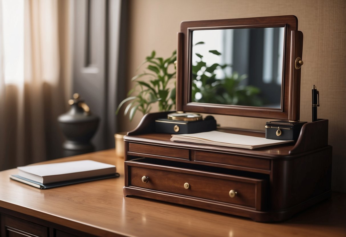 A wooden bureau with a built-in mirror sits against a plain wall, with a stack of neatly organized papers and a pen holder on top