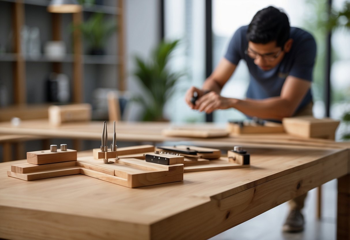 A person assembles a wooden table in a bright, minimalist room in Singapore. Tools and materials are neatly organized nearby