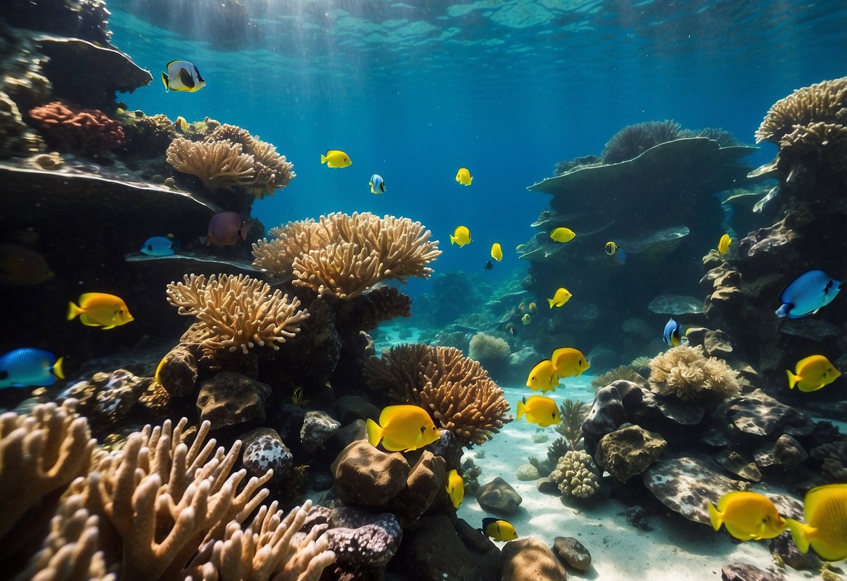 Crystal clear waters surround a colorful coral reef teeming with marine life. Sunlight filters through the water, illuminating the vibrant underwater landscape. A variety of fish and other sea creatures swim gracefully through the scene