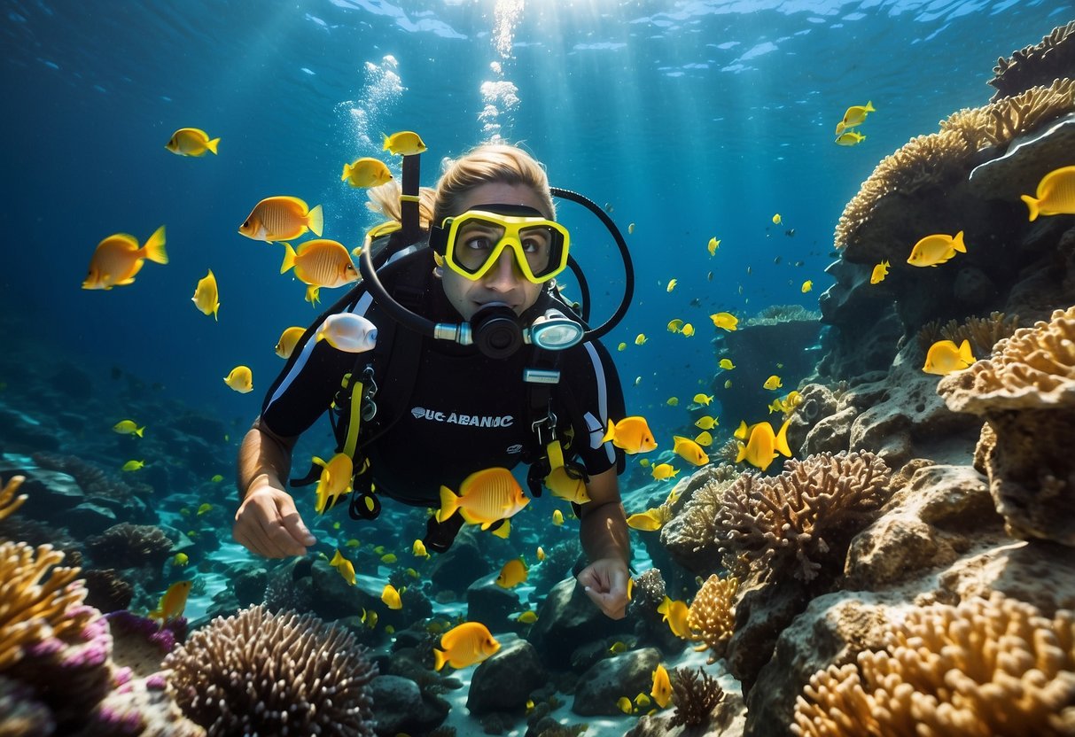 Crystal clear waters surround a vibrant coral reef teeming with marine life. A scuba diver descends into the depths, following a colorful school of fish. The sun's rays illuminate the underwater landscape