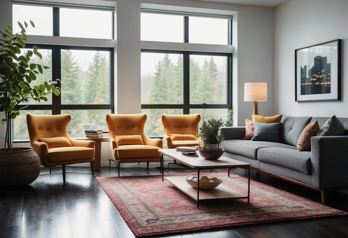 A modern living room with sleek, minimalist charter furniture and a pop of color in the form of a vibrant accent rug