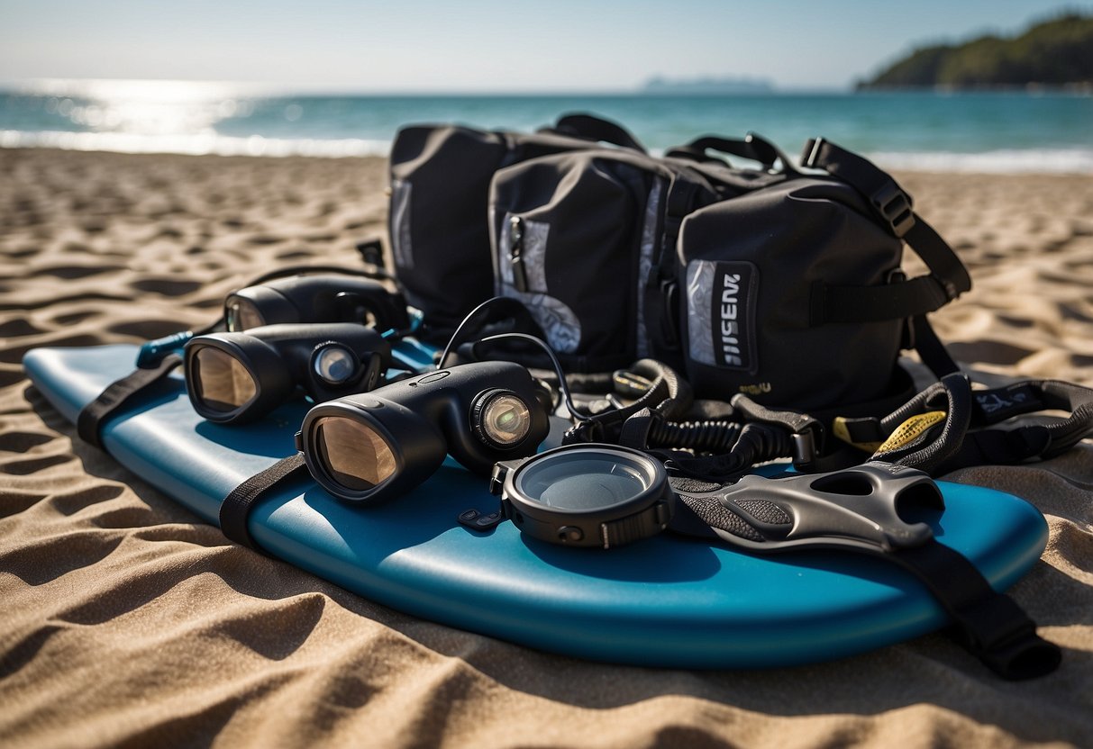 Dive gear laid out neatly on a beach towel: wetsuit, fins, mask, snorkel, and dive computer. A packing list and waterproof bag are nearby