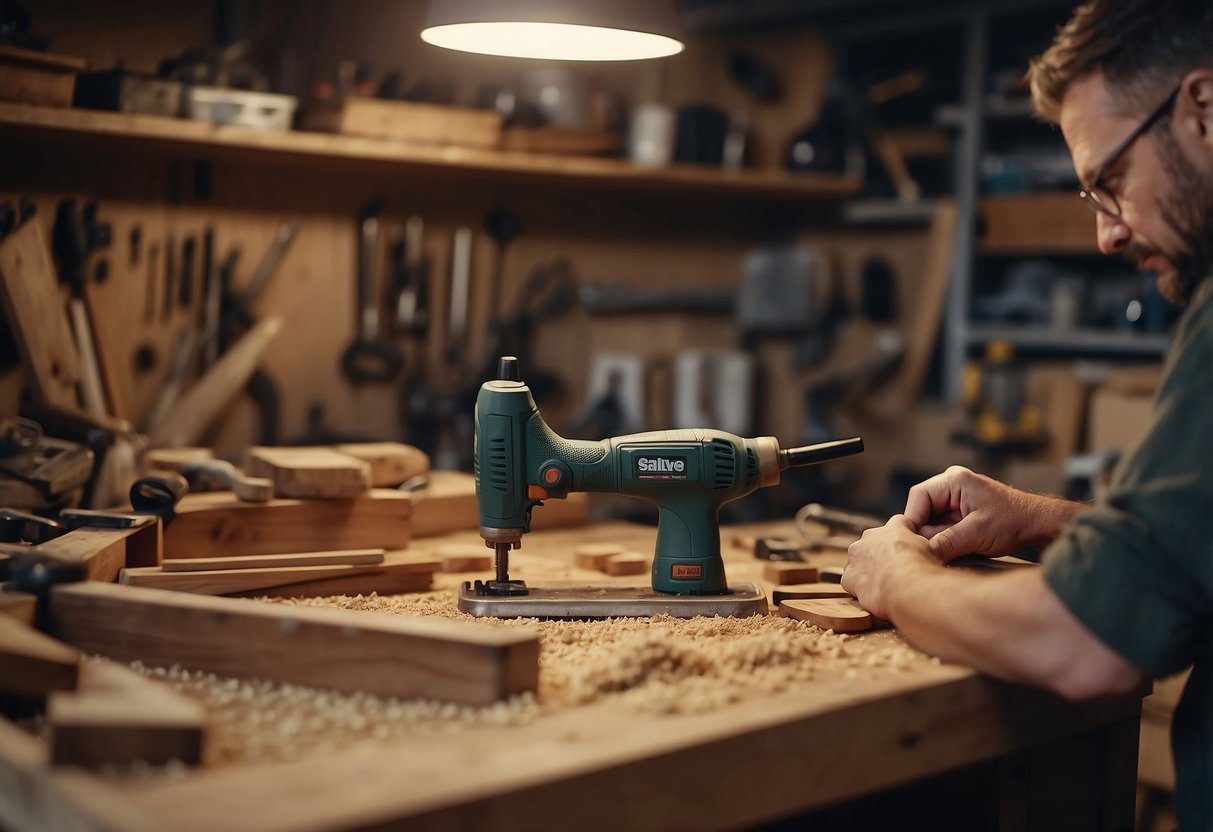 A cluttered workshop with tools and materials for building furniture. A workbench with sawdust and a variety of wood pieces. A person's hands assembling a table