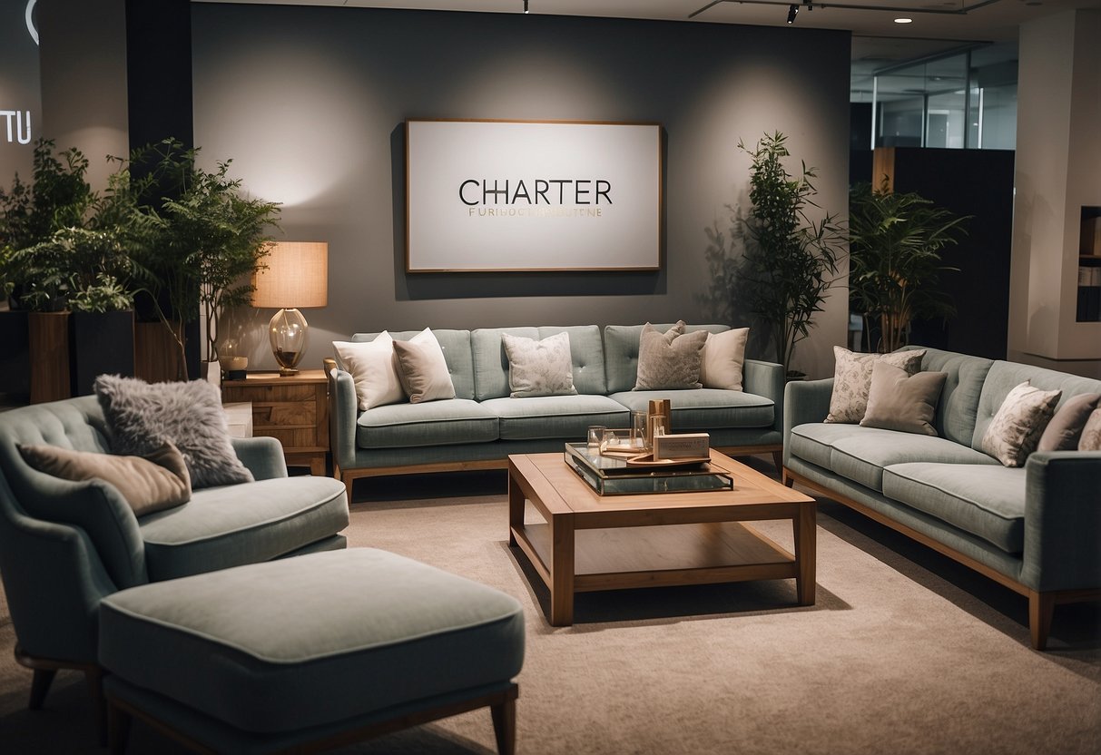 A showroom displays a range of modern and classic furniture pieces, including chairs, tables, and sofas, with a sign reading "Our Products and Services: Charter Furniture."