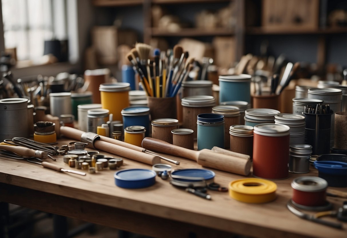 A cluttered workshop with tools, wood, and paint cans. A handcrafted table with intricate designs sits in the center