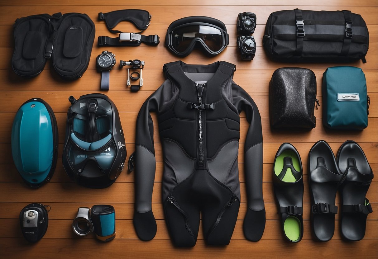 Diving gear arranged neatly on a table, including wetsuits, fins, masks, and tanks. A checklist and packing tips displayed nearby