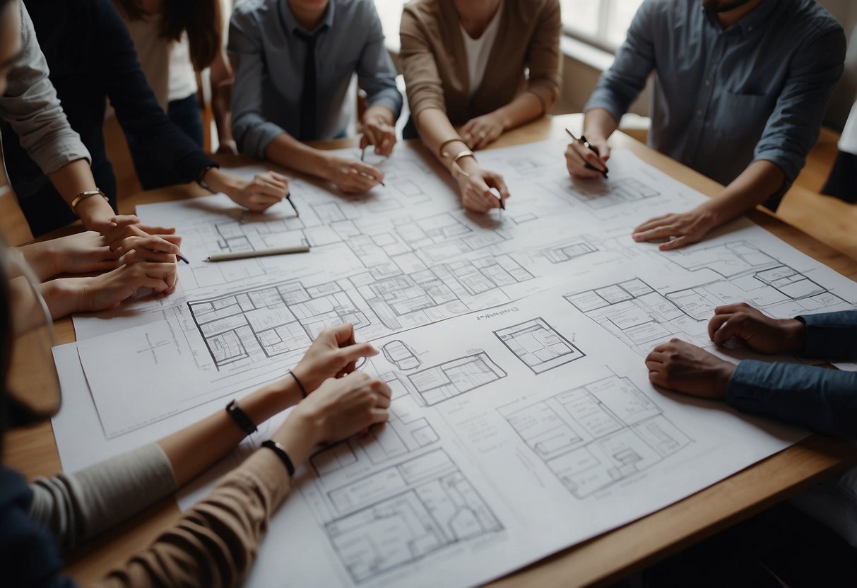 A group of people are gathered around a table, discussing and brainstorming ideas for collaborations and projects. The table is littered with sketches, blueprints, and furniture samples