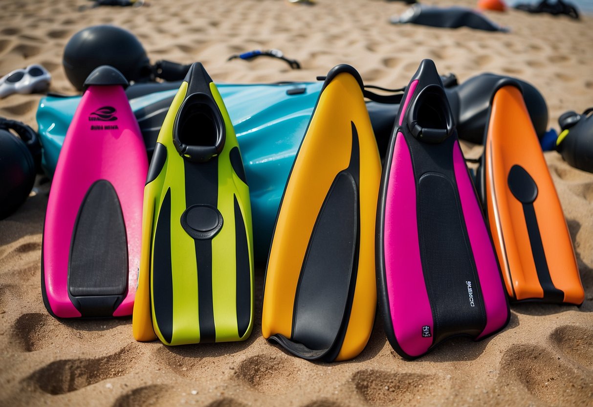 Brightly colored wetsuits and swim fins laid out on a sandy beach next to a set of scuba tanks and diving masks