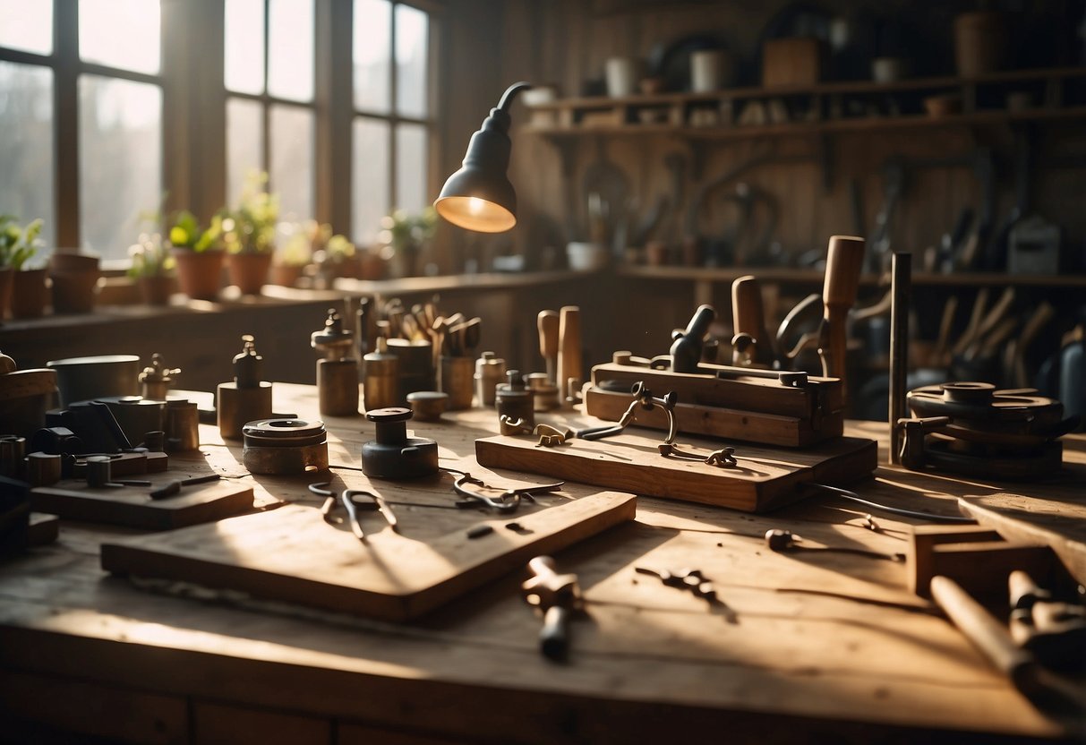 A cluttered workshop with tools, wood planks, and a DIY furniture guide open on a table. Sunlight streams in through a window, casting shadows on the floor