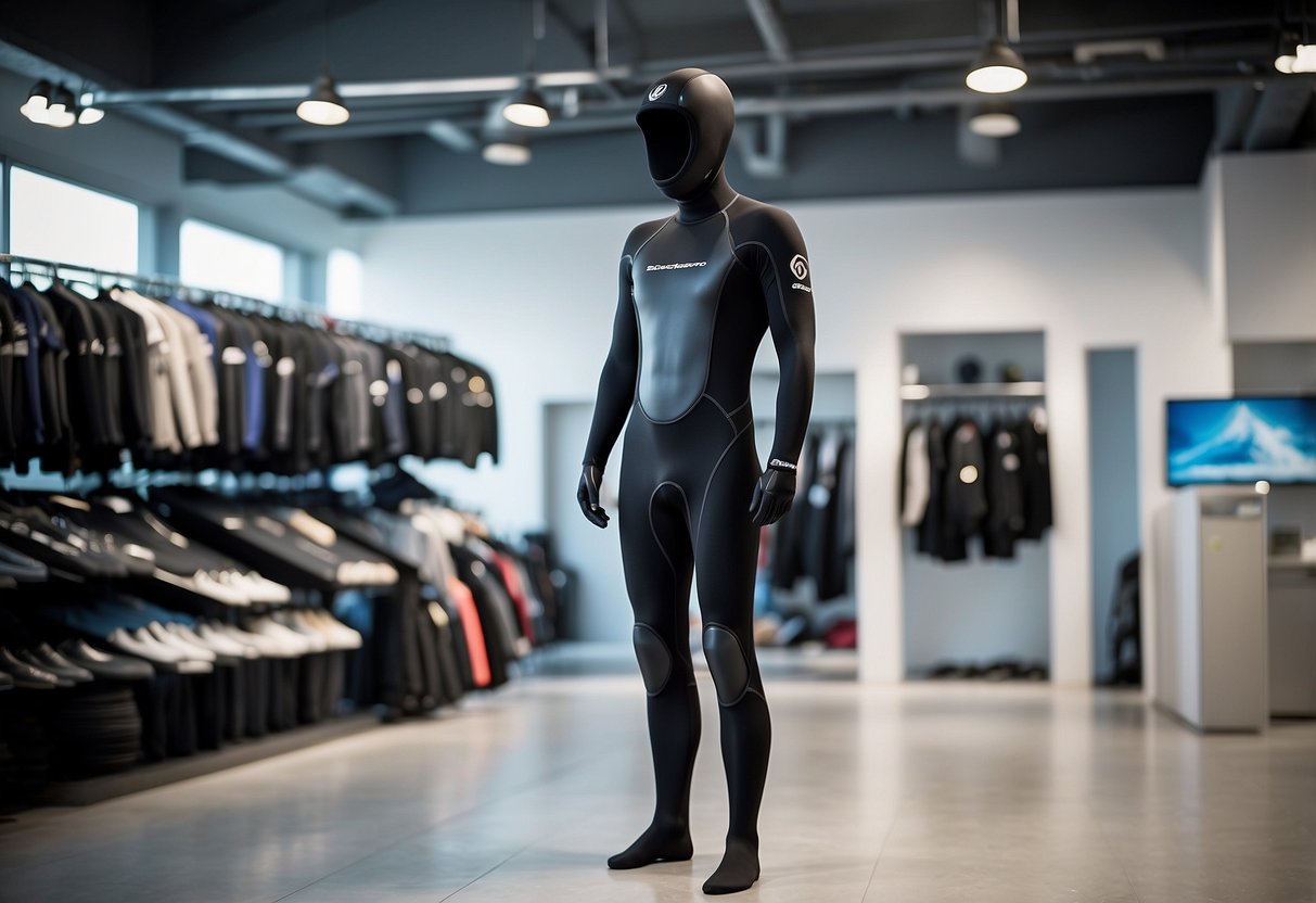 A sleek, black Scubapro Everflex Steamer Wetsuit hangs on a hanger, showcasing its lightweight and flexible design. The wetsuit's smooth texture and durable construction are evident, making it the ideal diving apparel