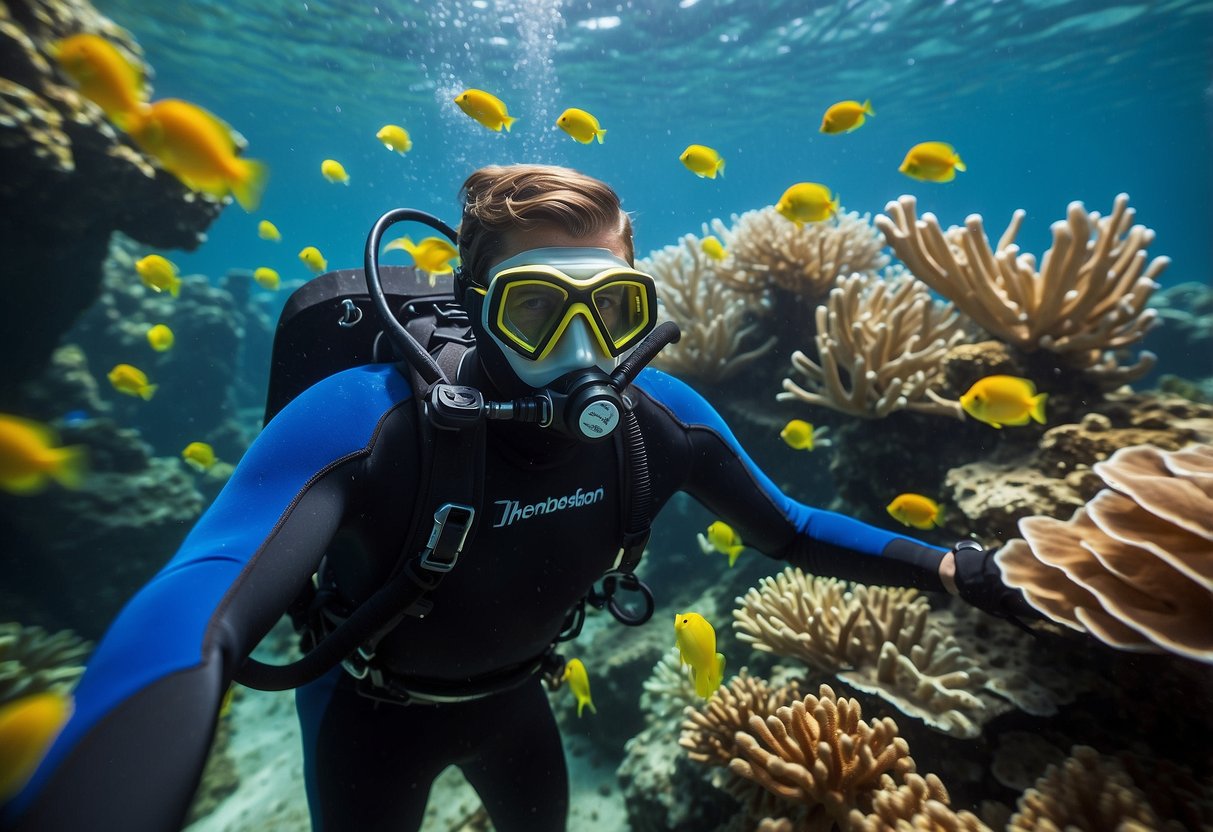 A vibrant underwater scene with a diver wearing the Henderson Thermoprene Pro Wetsuit, surrounded by colorful marine life and clear blue water